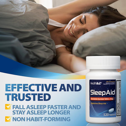 HealthA2Z® Nighttime Sleep-Aid, Doxylamine Succinate Tablets 25mg, 120 Counts (Pack of 1), Safe & Effective - dailyvitalstore