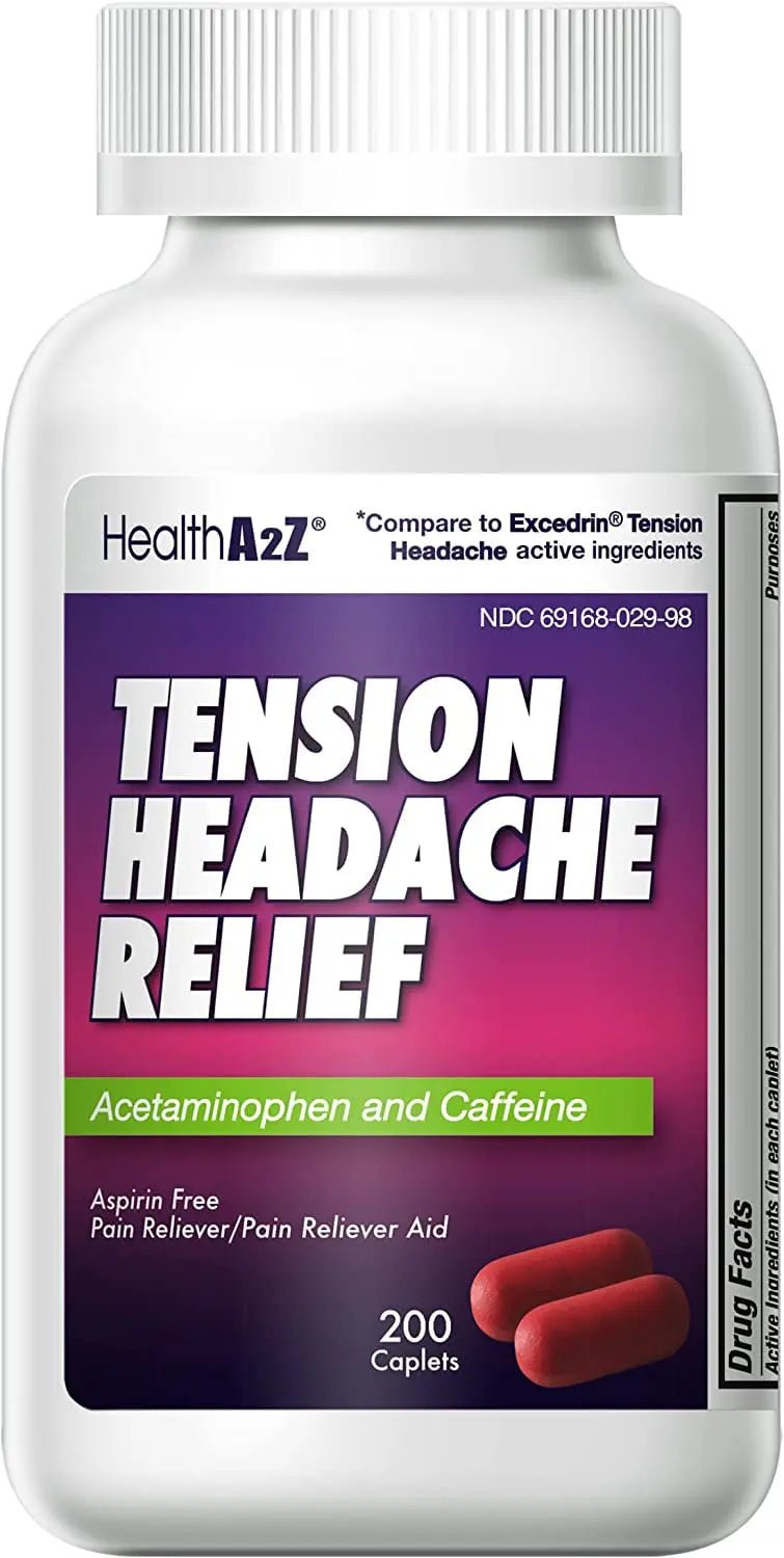 HealthA2Z® Tension Headache Relief | Acetaminophen 500mg | Caffeine 65mg | Pain Reliever Aid | Aspirin Free (200 caplets (Pack of 1)) - dailyvitalstore
