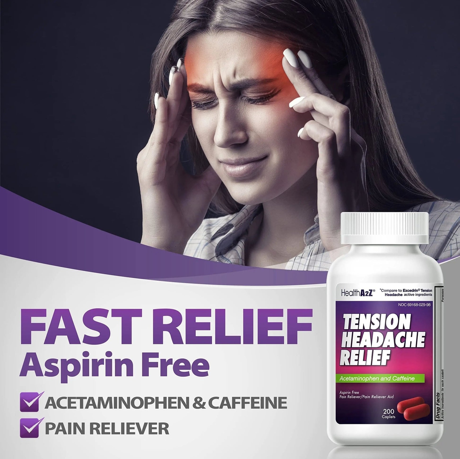 HealthA2Z® Tension Headache Relief | Acetaminophen 500mg | Caffeine 65mg | Pain Reliever Aid | Aspirin Free (200 caplets (Pack of 1)) - dailyvitalstore