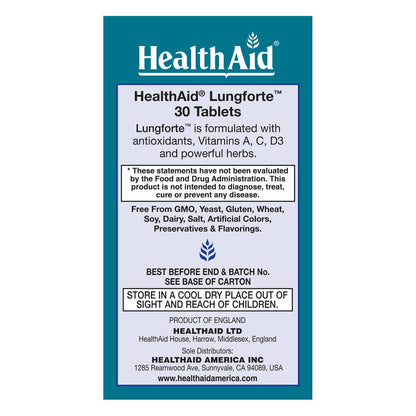 HealthAid LungForte 30 Tablets – Daily Antioxidant Lung Support with NAC, Resveratrol, Olive Leaf, Thyme & Vitamins A, C & D3 – Vegetarian, Non‑GMO - dailyvitalstore