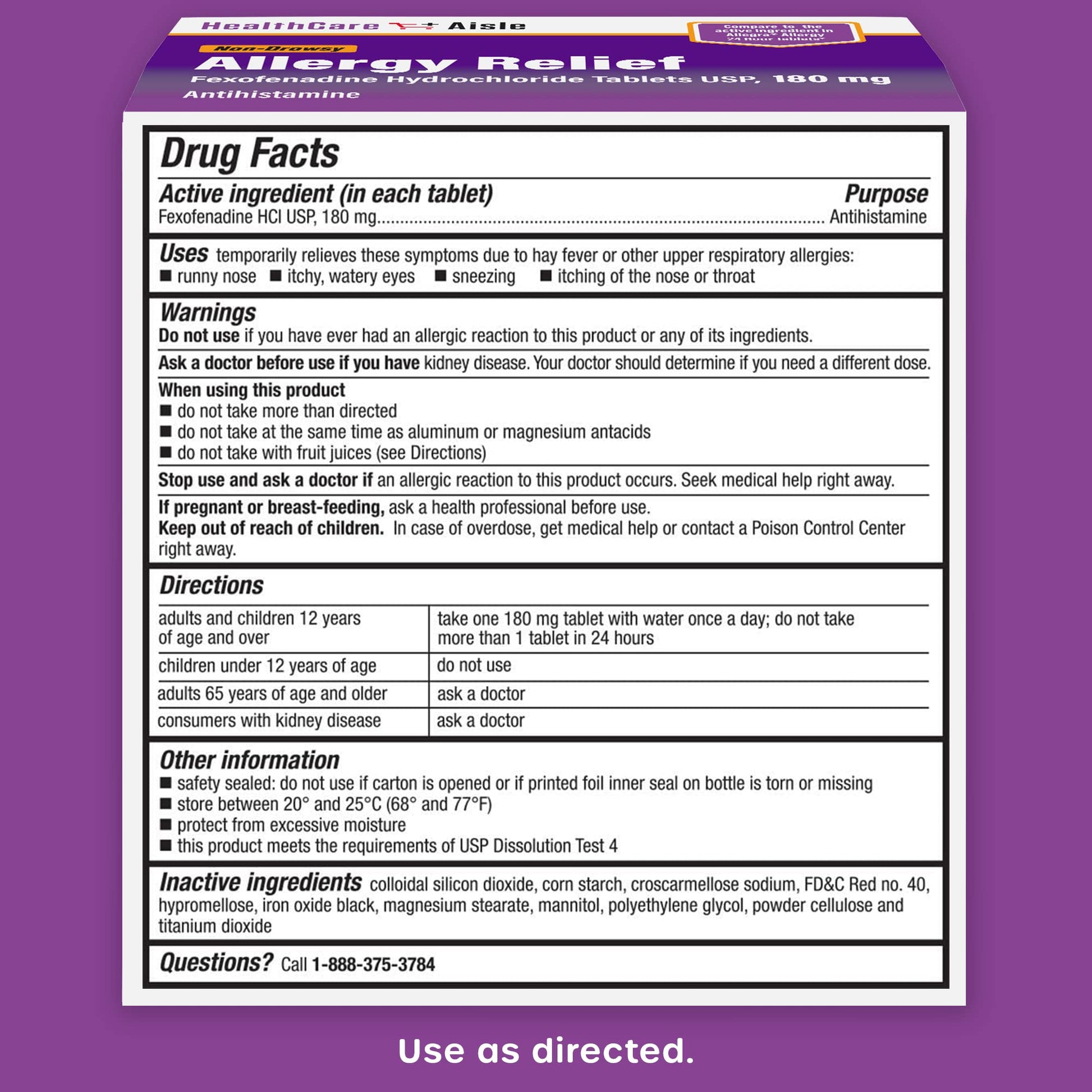 HealthCareAisle Allergy Relief - Fexofenadine Hydrochloride Tablets USP, 180 mg, 90 Tablets, Allergy Medication, Non-Drowsy 24-Hour Relief - dailyvitalstore