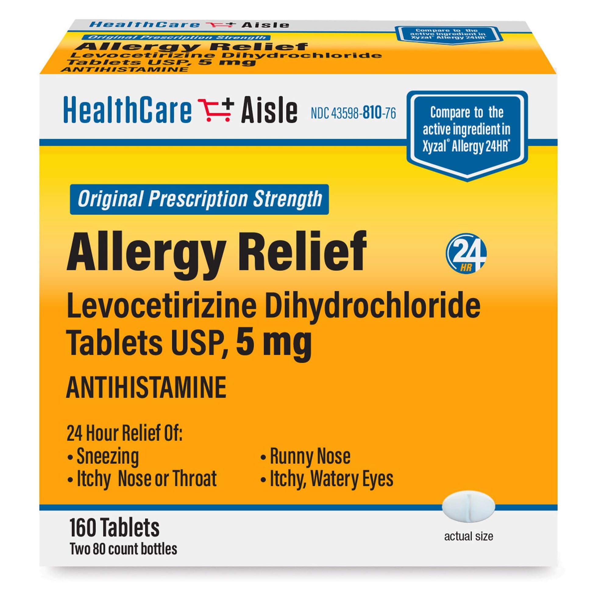 HealthCareAisle Allergy Relief - Levocetirizine Dihydrochloride Tablets USP, 5 mg, 160 Tablets, Original Prescription Strength Allergy Medication, 24-Hour Relief, 80 Count (Pack of 2) - dailyvitalstore