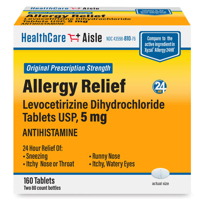 HealthCareAisle Allergy Relief - Levocetirizine Dihydrochloride Tablets USP, 5 mg, 160 Tablets, Original Prescription Strength Allergy Medication, 24-Hour Relief, 80 Count (Pack of 2) - dailyvitalstore