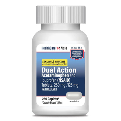 HealthCareAisle Dual Action Acetaminophen and Ibuprofen (NSAID) Tablets, 250 mg /125 mg Pain Reliever - 250ct Caplets - dailyvitalstore