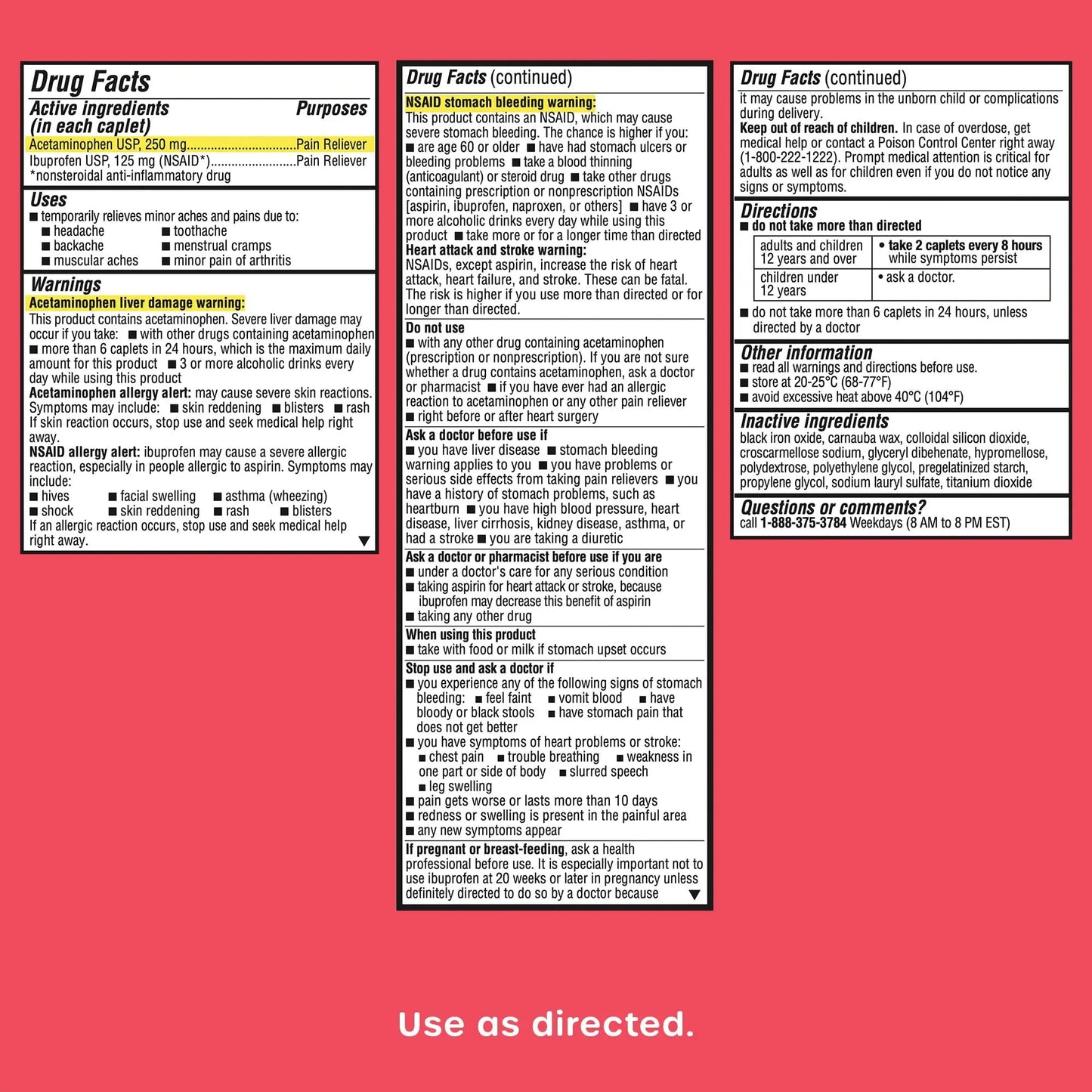 HealthCareAisle Dual Action Acetaminophen and Ibuprofen (NSAID) Tablets, 250 mg /125 mg Pain Reliever - 250ct Caplets - dailyvitalstore