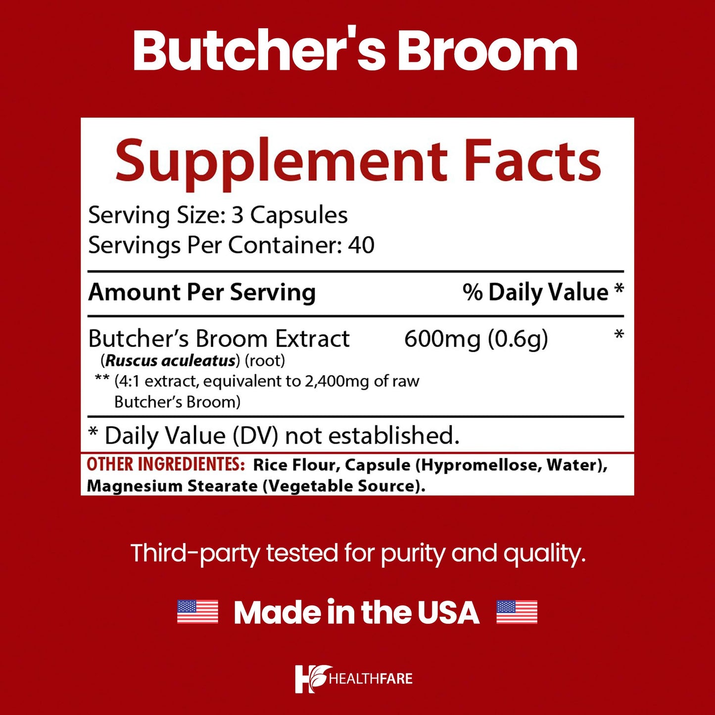 Healthfare Butchers Broom Supplement | Capsules Extract 2400mg | 120 Vegetarian Pills | Premium Herbal Root Supplement | Circulation & Vein Support | Non-GMO, Gluten-Free | Made in USA - dailyvitalstore