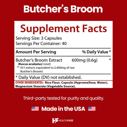 Healthfare Butchers Broom Supplement | Capsules Extract 2400mg | 120 Vegetarian Pills | Premium Herbal Root Supplement | Circulation & Vein Support | Non-GMO, Gluten-Free | Made in USA - dailyvitalstore