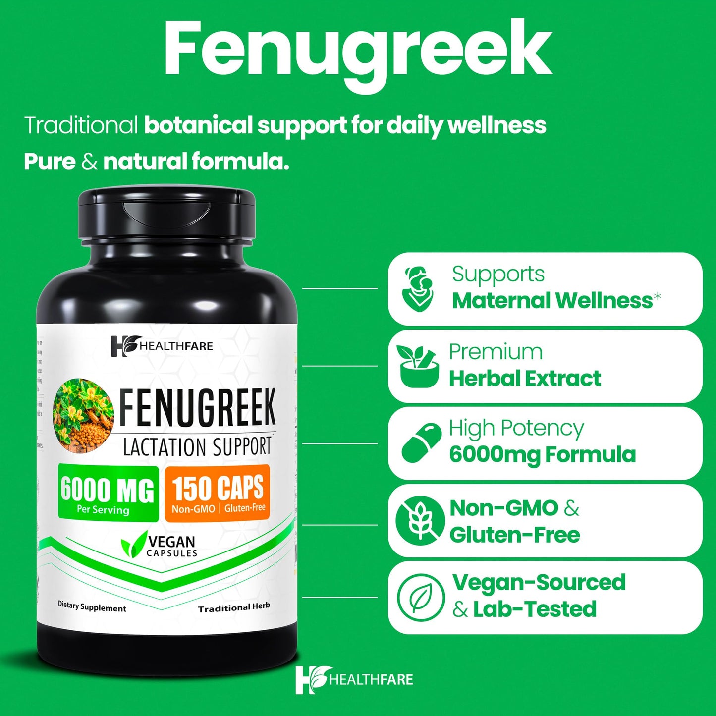 Healthfare Fenugreek Seed Extract 6000mg | 150 Vegan Capsules | Concentrated Herbal Supplement | Non-GMO, Gluten-Free | Made in USA - dailyvitalstore
