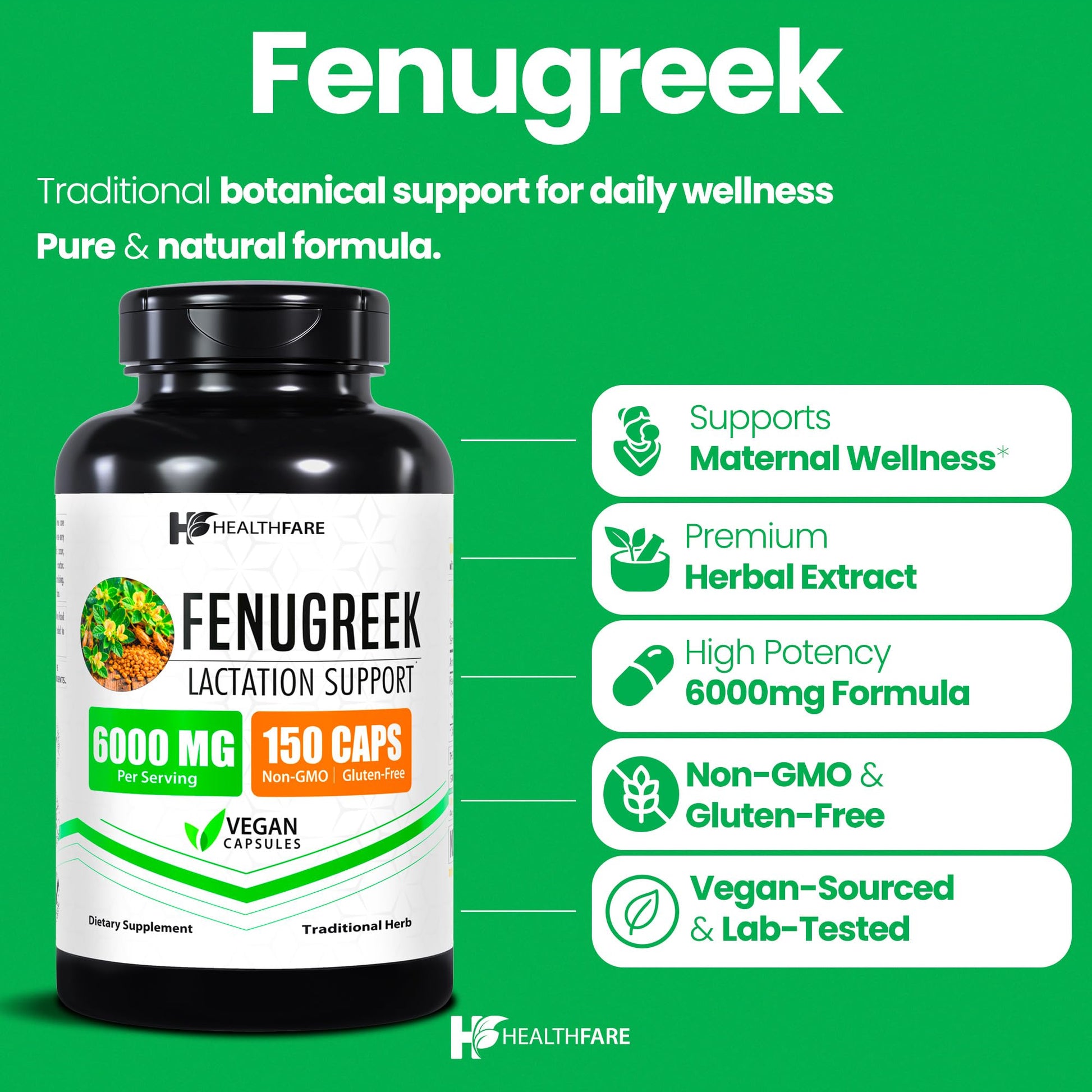 Healthfare Fenugreek Seed Extract 6000mg | 150 Vegan Capsules | Concentrated Herbal Supplement | Non-GMO, Gluten-Free | Made in USA - dailyvitalstore