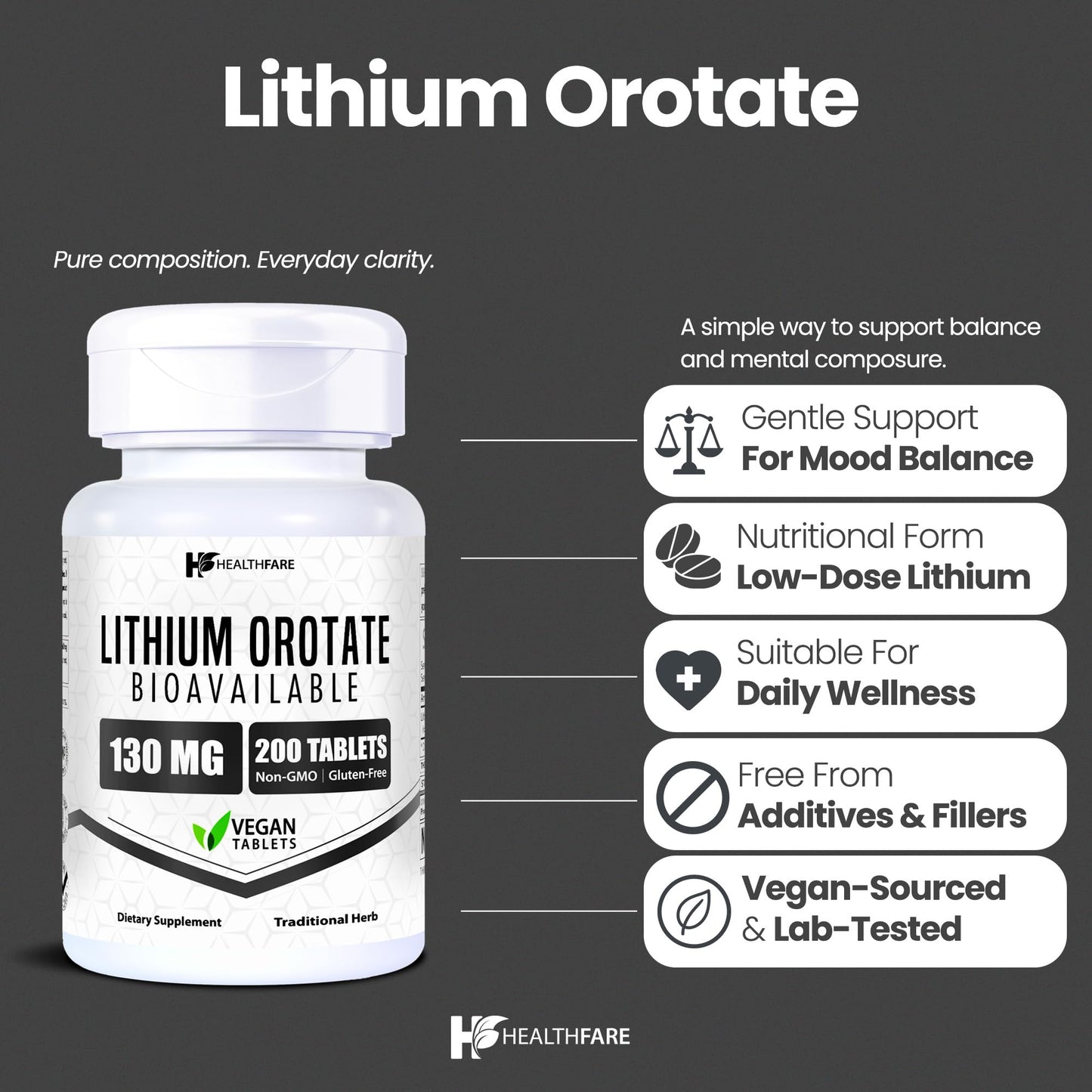 HealthFare Lithium Orotate Supplement 130mg | 200 Vegetarian Tablets | High Bioavailability Trace Mineral | Mood, Brain & Memory Support - dailyvitalstore