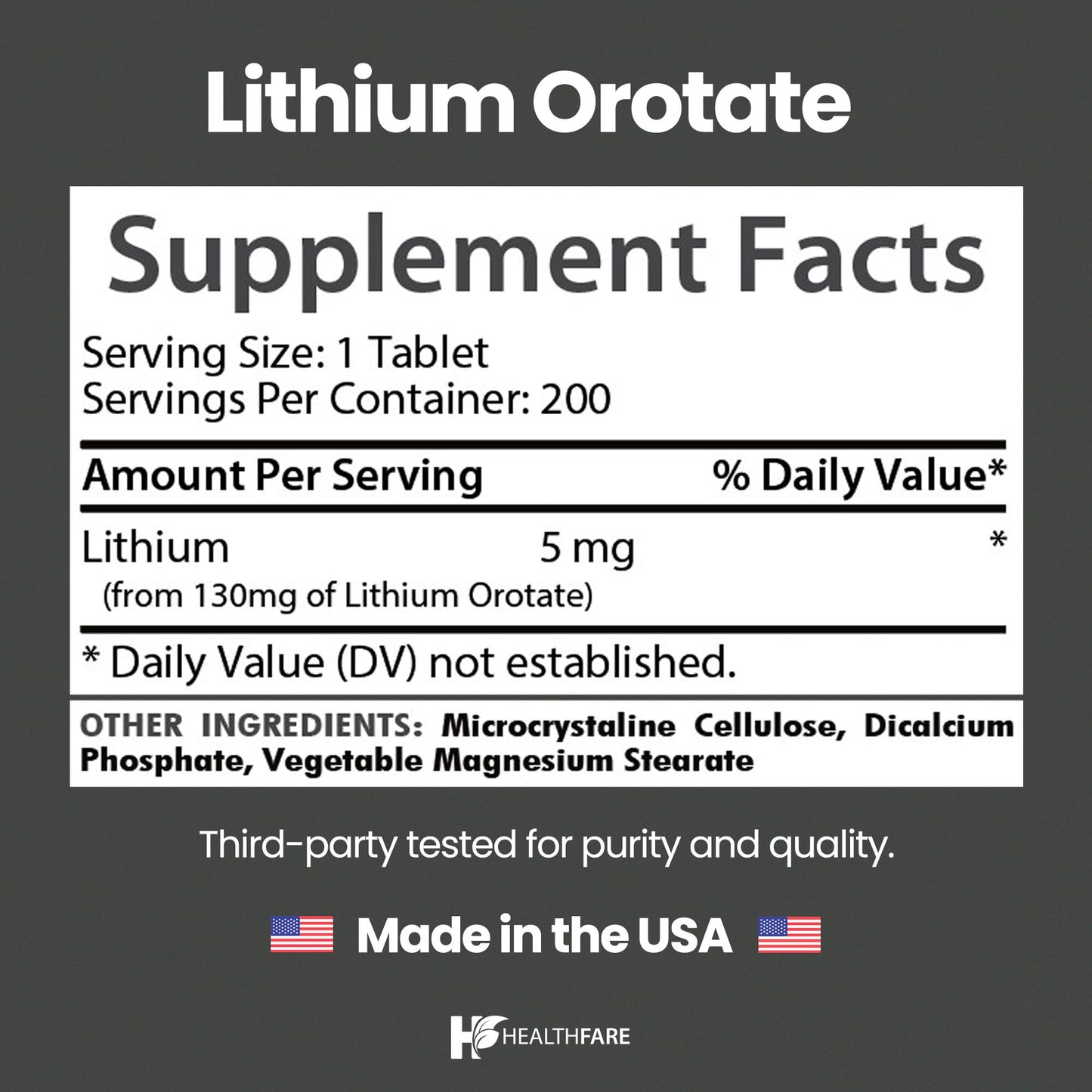 HealthFare Lithium Orotate Supplement 130mg | 200 Vegetarian Tablets | High Bioavailability Trace Mineral | Mood, Brain & Memory Support - dailyvitalstore