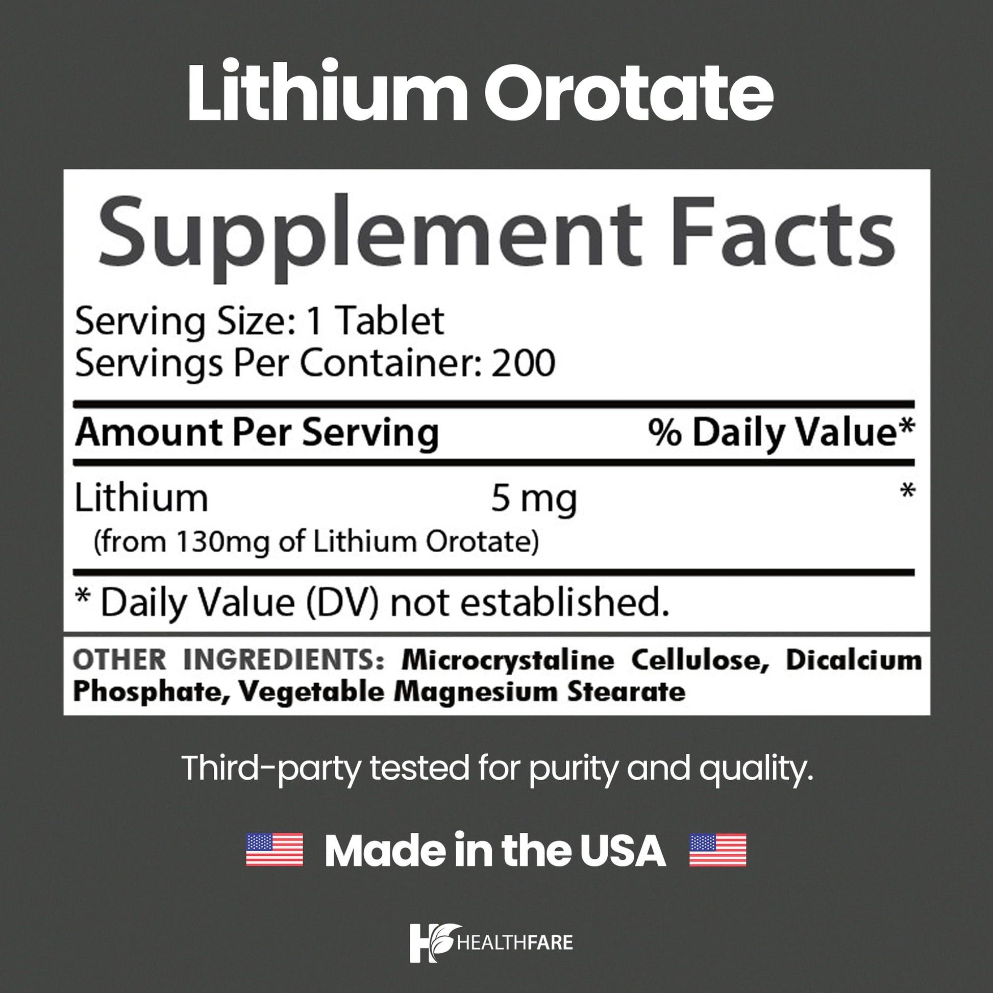 HealthFare Lithium Orotate Supplement 130mg | 200 Vegetarian Tablets | High Bioavailability Trace Mineral | Mood, Brain & Memory Support - dailyvitalstore
