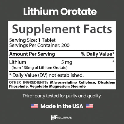 HealthFare Lithium Orotate Supplement 130mg | 200 Vegetarian Tablets | High Bioavailability Trace Mineral | Mood, Brain & Memory Support - dailyvitalstore