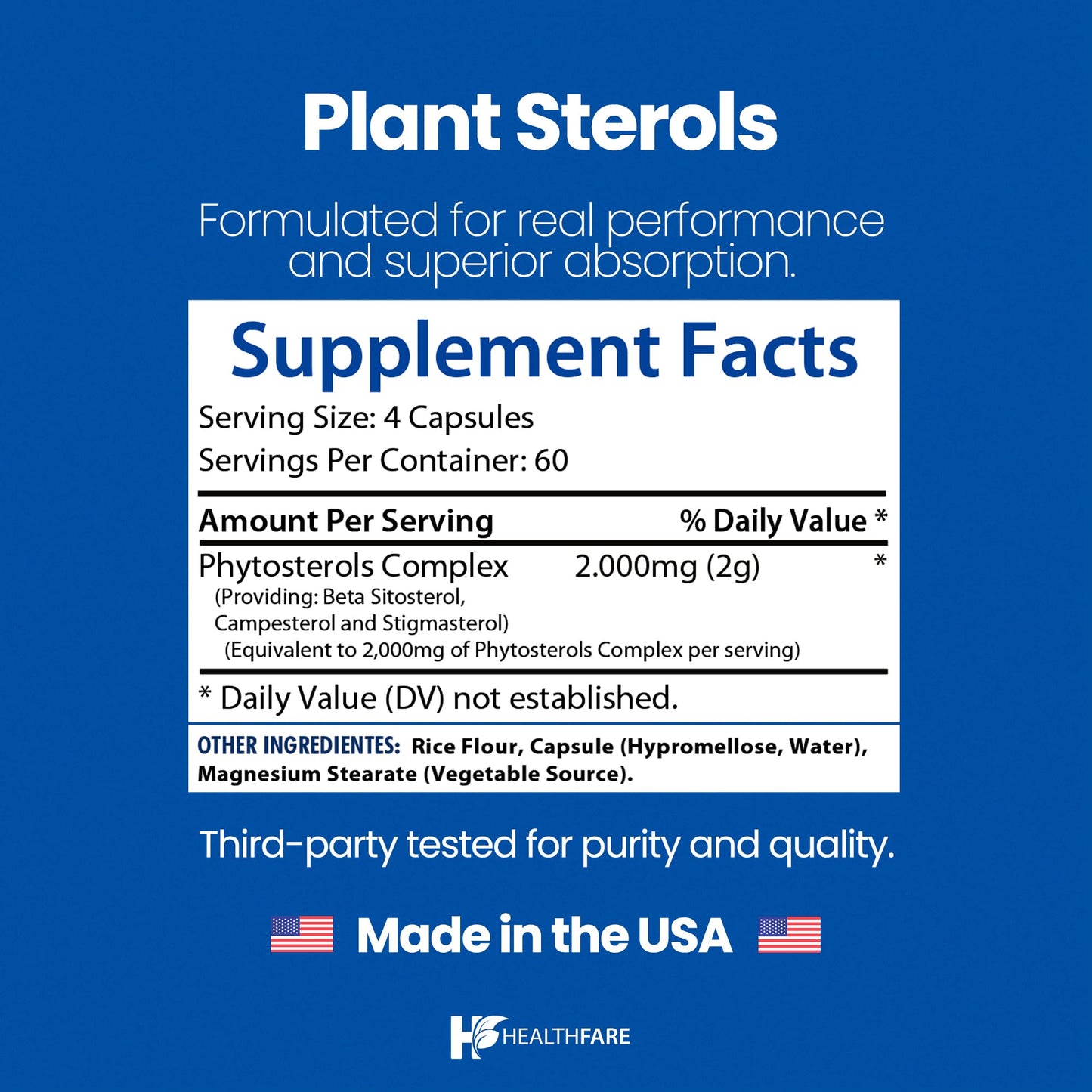 Healthfare Plant Sterols Capsules 2000mg | 240 Vegan Capsules | Beta Sitosterol & Phytosterol Complex | Plant-Based Supplement | Non-GMO & Gluten-Free | Made in the USA - dailyvitalstore