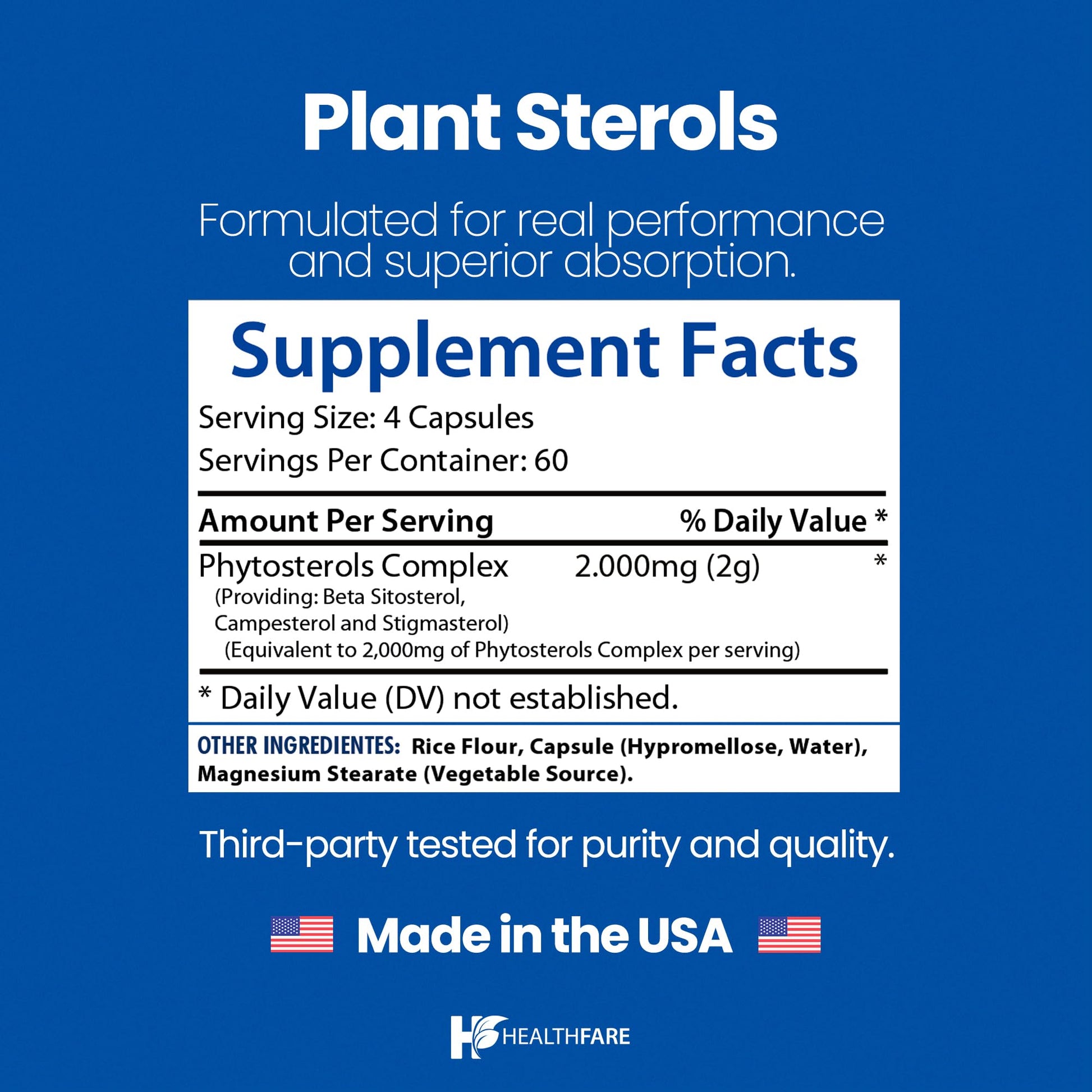 Healthfare Plant Sterols Capsules 2000mg | 240 Vegan Capsules | Beta Sitosterol & Phytosterol Complex | Plant-Based Supplement | Non-GMO & Gluten-Free | Made in the USA - dailyvitalstore
