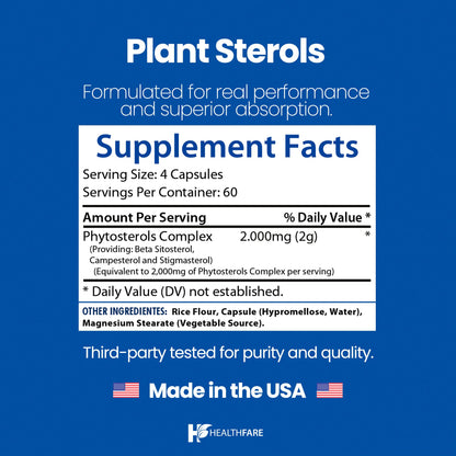 Healthfare Plant Sterols Capsules 2000mg | 240 Vegan Capsules | Beta Sitosterol & Phytosterol Complex | Plant-Based Supplement | Non-GMO & Gluten-Free | Made in the USA - dailyvitalstore