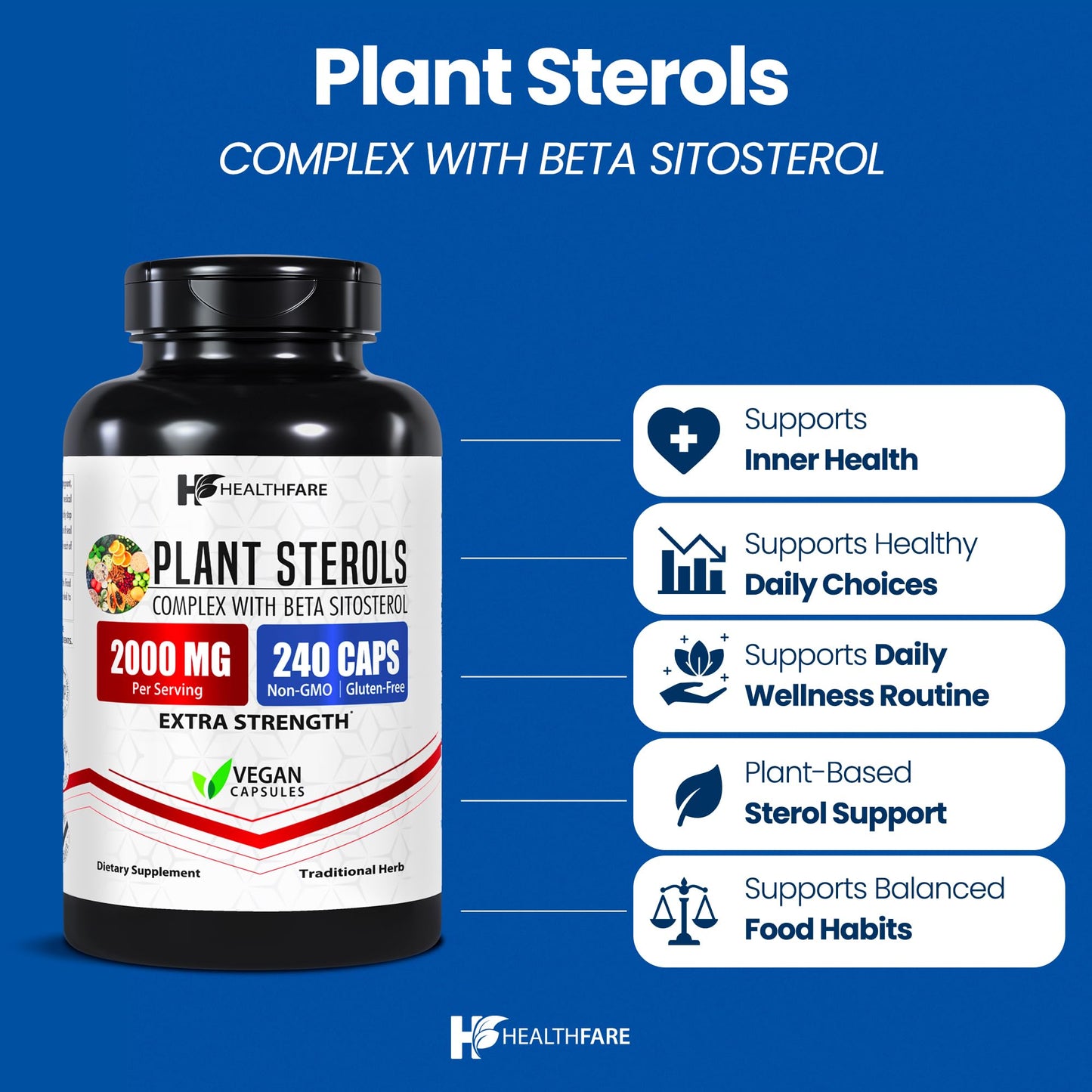 Healthfare Plant Sterols Capsules 2000mg | 240 Vegan Capsules | Beta Sitosterol & Phytosterol Complex | Plant-Based Supplement | Non-GMO & Gluten-Free | Made in the USA - dailyvitalstore