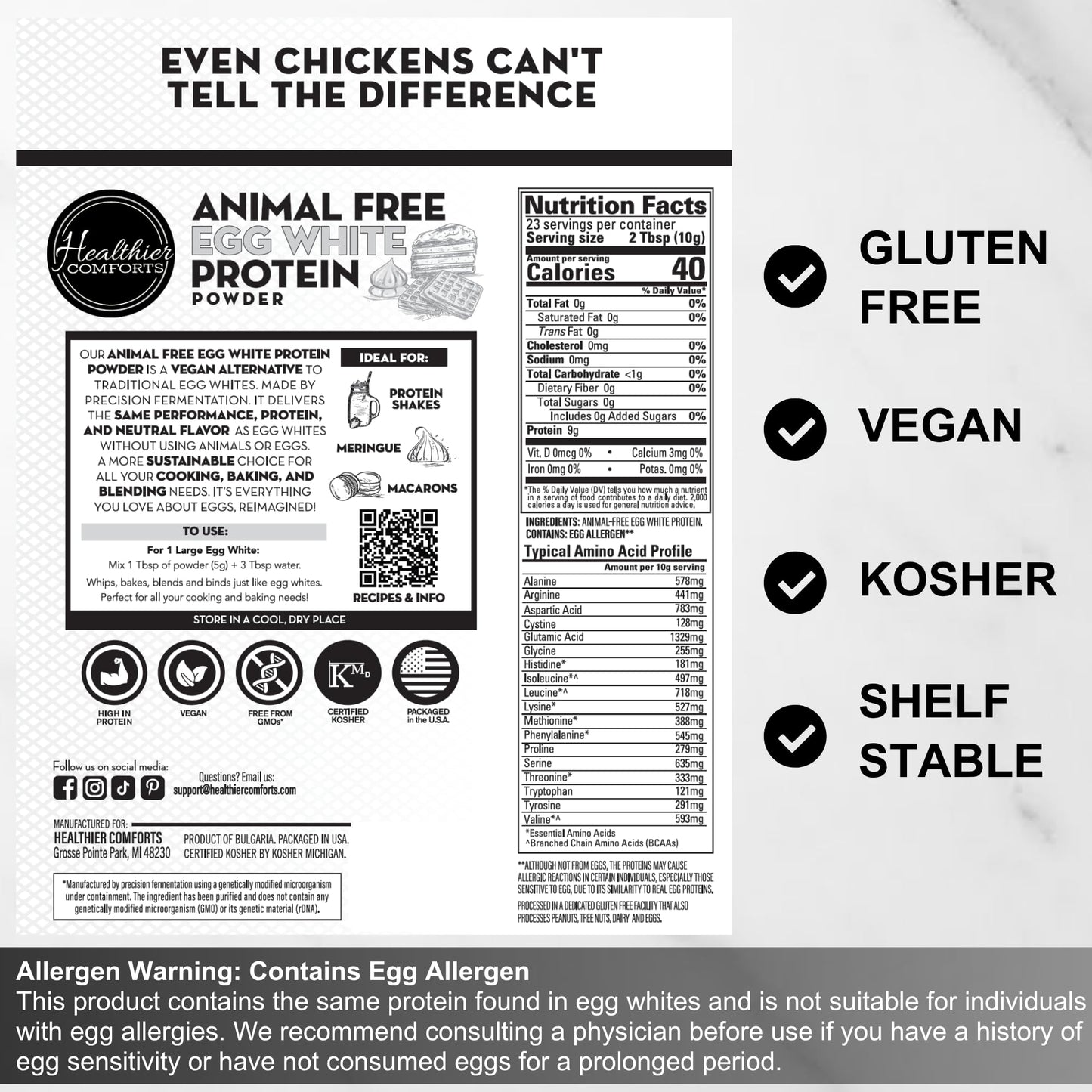 Healthier Comforts Animal-Free Egg White Protein Powder | Make Vegan Egg Omelets, Angel Food Cake, Meringue, Protein Shakes | Whips and Binds Just Like Traditional Egg Whites (8 oz) - dailyvitalstore