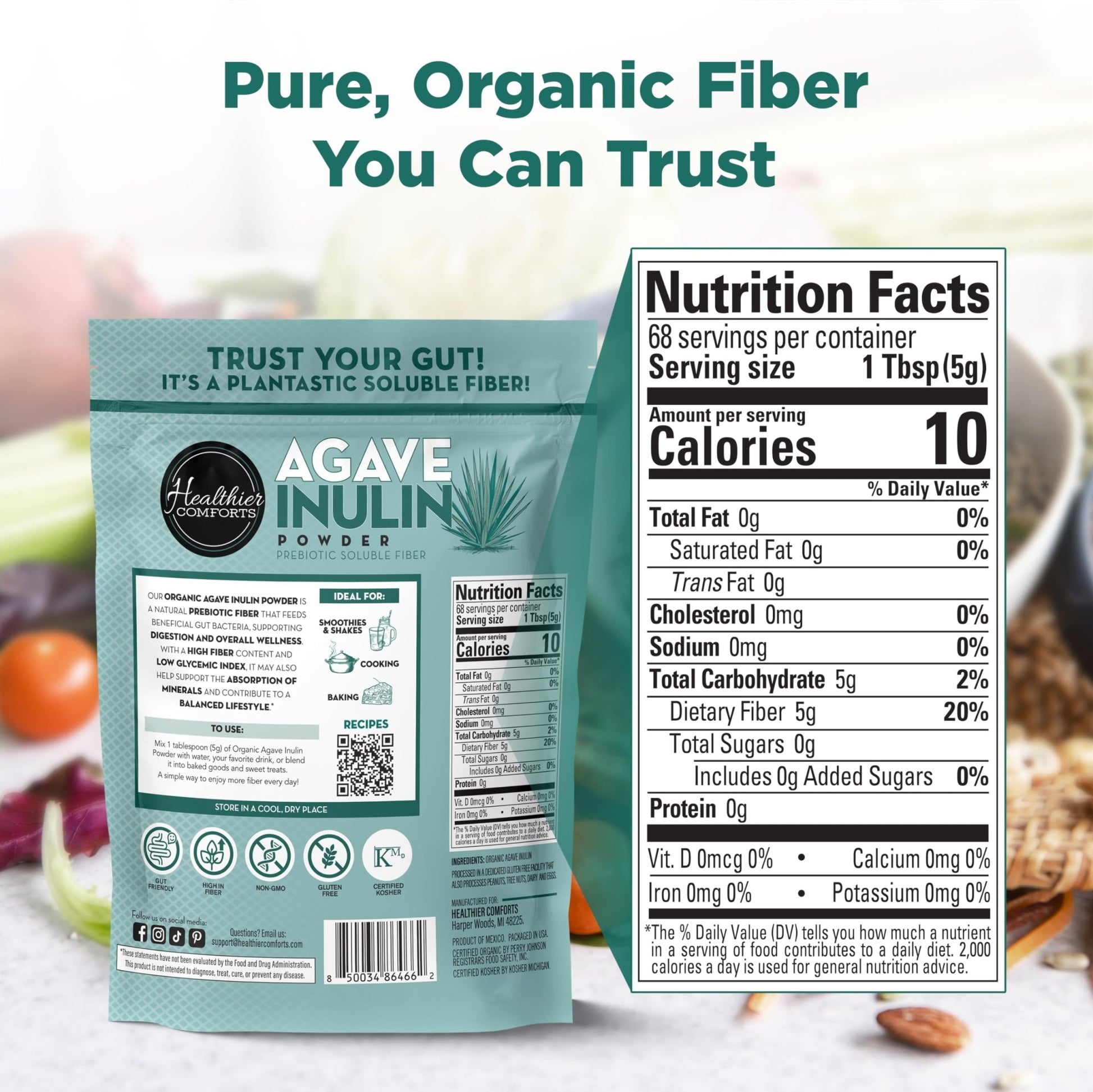 Healthier Comforts Organic Inulin Powder (12 oz) from Blue Agave | Soluble Prebiotic Fiber, Gentle on Digestion, Non-GMO | Perfect for Coffee, Baking & Cooking - dailyvitalstore