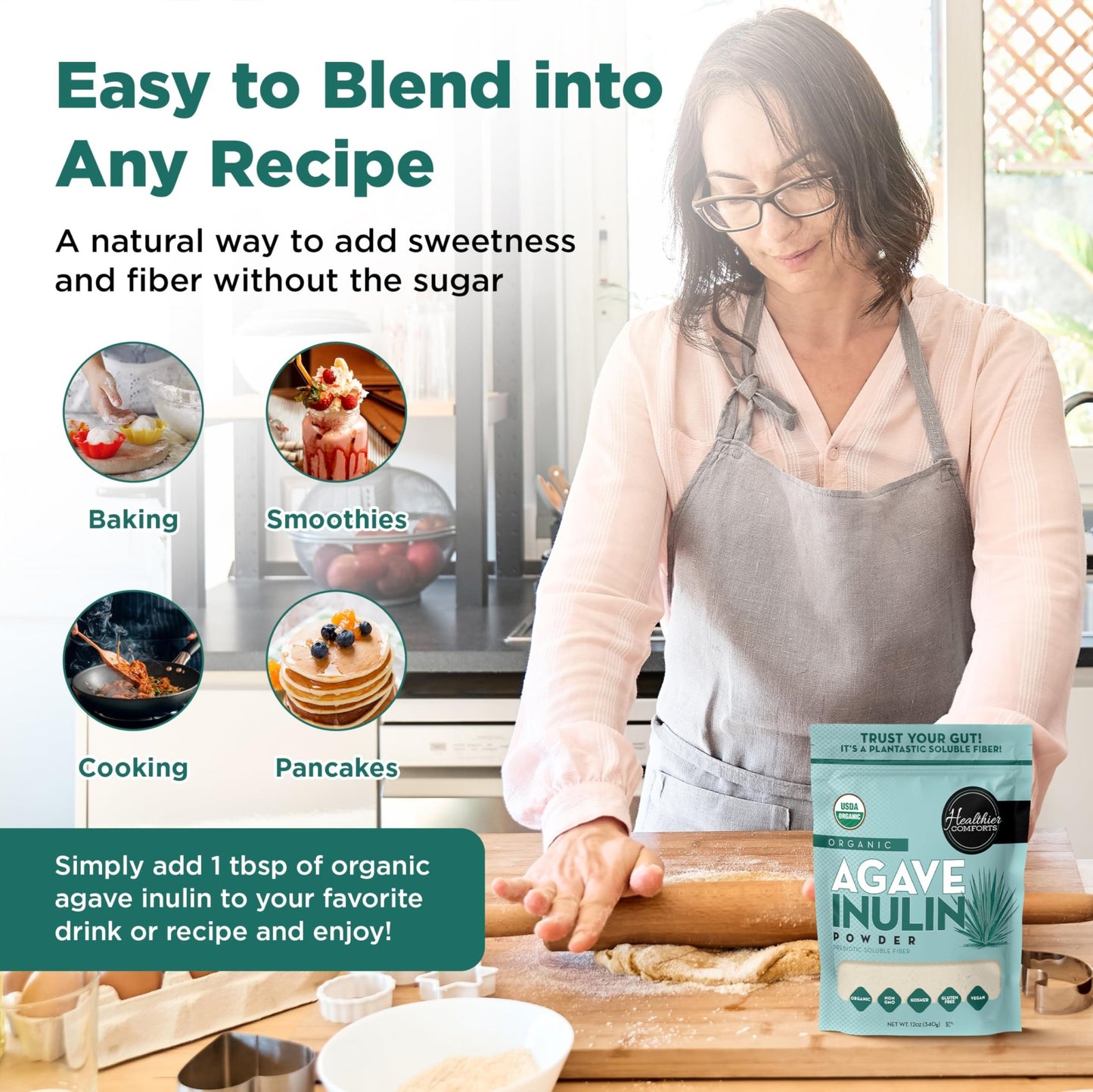 Healthier Comforts Organic Inulin Powder (12 oz) from Blue Agave | Soluble Prebiotic Fiber, Gentle on Digestion, Non-GMO | Perfect for Coffee, Baking & Cooking - dailyvitalstore