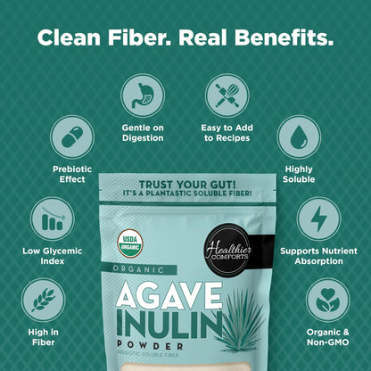 Healthier Comforts Organic Inulin Powder (12 oz) from Blue Agave | Soluble Prebiotic Fiber, Gentle on Digestion, Non-GMO | Perfect for Coffee, Baking & Cooking - dailyvitalstore