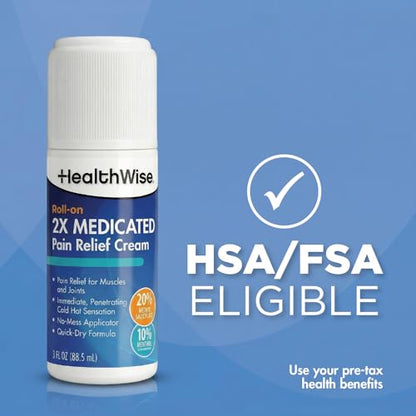 HealthWise 2X Medicated Roll-On | 10% Menthol + 20% Methyl Salicylate | Pain Relief Cream | 3 oz. 88.5 mL | Quick-Dry Formula | Immediate Penetrating Action | Topical Analgesic - dailyvitalstore