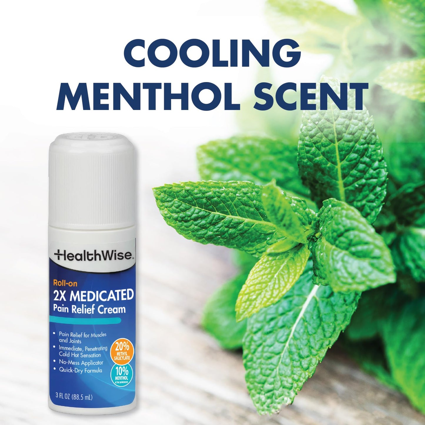 HealthWise 2X Medicated Roll-On | 10% Menthol + 20% Methyl Salicylate | Pain Relief Cream | 3 oz. 88.5 mL | Quick-Dry Formula | Immediate Penetrating Action | Topical Analgesic - dailyvitalstore