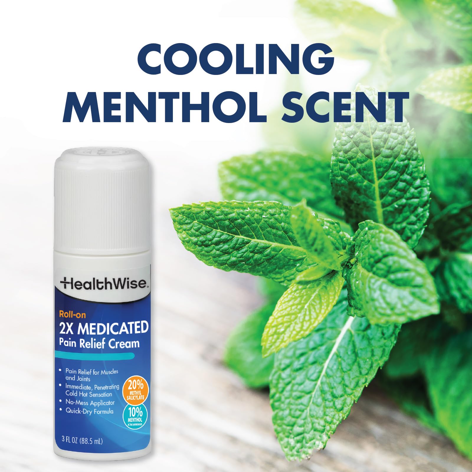 HealthWise 2X Medicated Roll-On | 10% Menthol + 20% Methyl Salicylate | Pain Relief Cream | 3 oz. 88.5 mL | Quick-Dry Formula | Immediate Penetrating Action | Topical Analgesic - dailyvitalstore