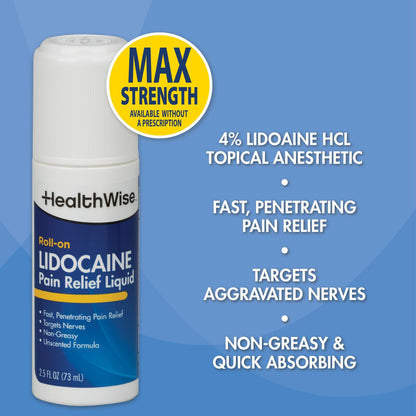 HealthWise 4% Lidocaine Roll-On | OTC Strength | Pain Relief Liquid | 2.5 oz. 73 mL | Non-Greasy, Unscented Formula | Topical Anesthetic - dailyvitalstore