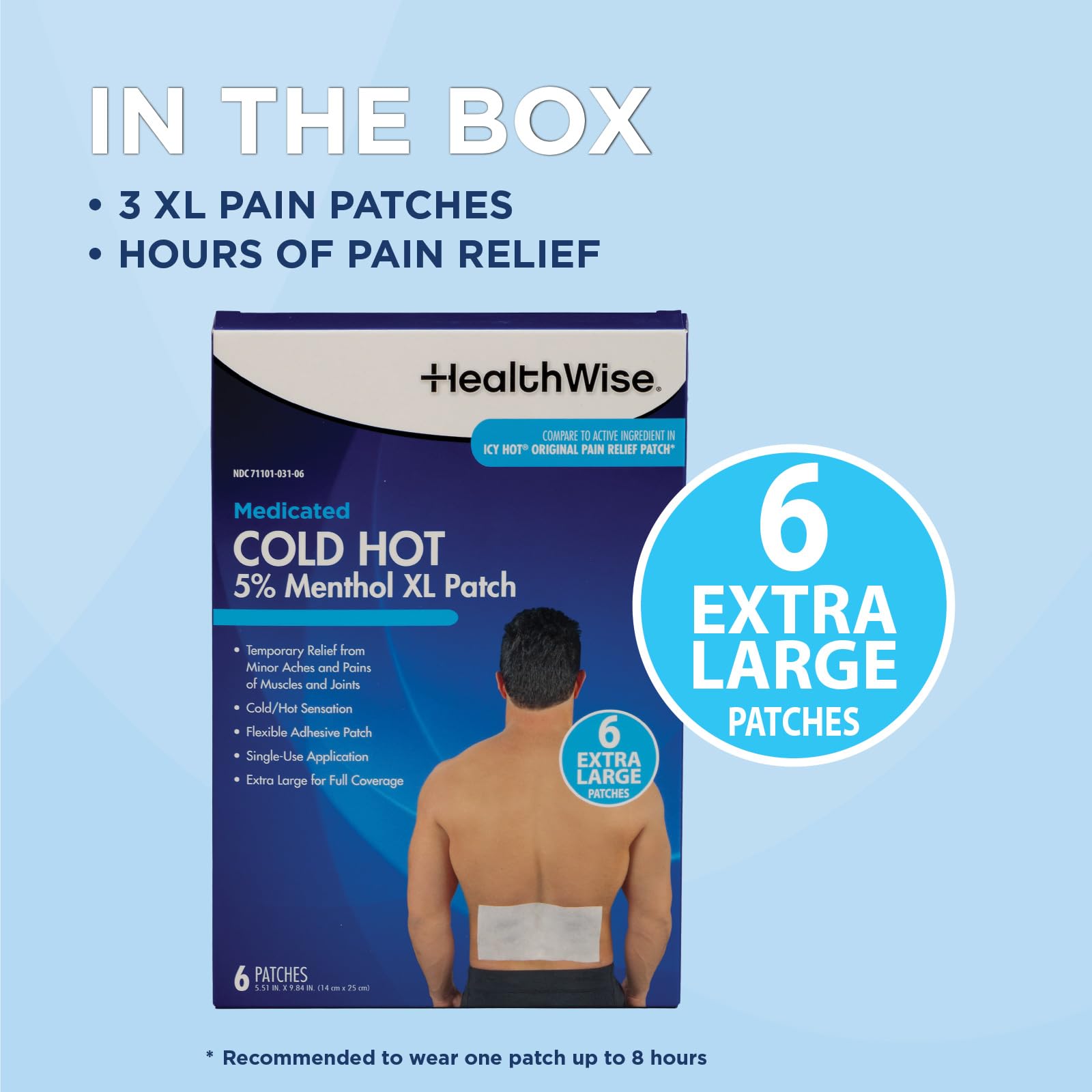 HealthWise Cold Hot Medicated Menthol XL Patch | 5% Menthol | Back and Large Areas | 5.51” x 9.84” | 6-Count | Paraben-Free | Soothes Minor Aches and Pains | Super-Size Relief - dailyvitalstore