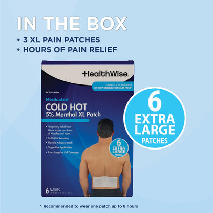 HealthWise Cold Hot Medicated Menthol XL Patch | 5% Menthol | Back and Large Areas | 5.51” x 9.84” | 6-Count | Paraben-Free | Soothes Minor Aches and Pains | Super-Size Relief - dailyvitalstore