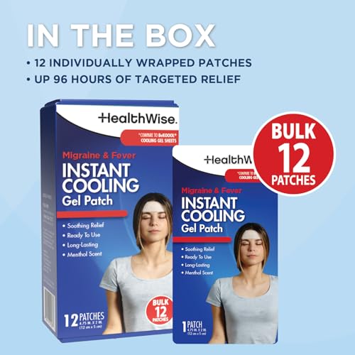 HealthWise Instant Cool Gel Patches | Migraine & Fever Relief | 12-Count | 4.75” x 2” | Soothing Menthol Vapors | Non-Medicated Formula - dailyvitalstore