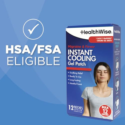 HealthWise Instant Cool Gel Patches | Migraine & Fever Relief | 12-Count | 4.75” x 2” | Soothing Menthol Vapors | Non-Medicated Formula - dailyvitalstore