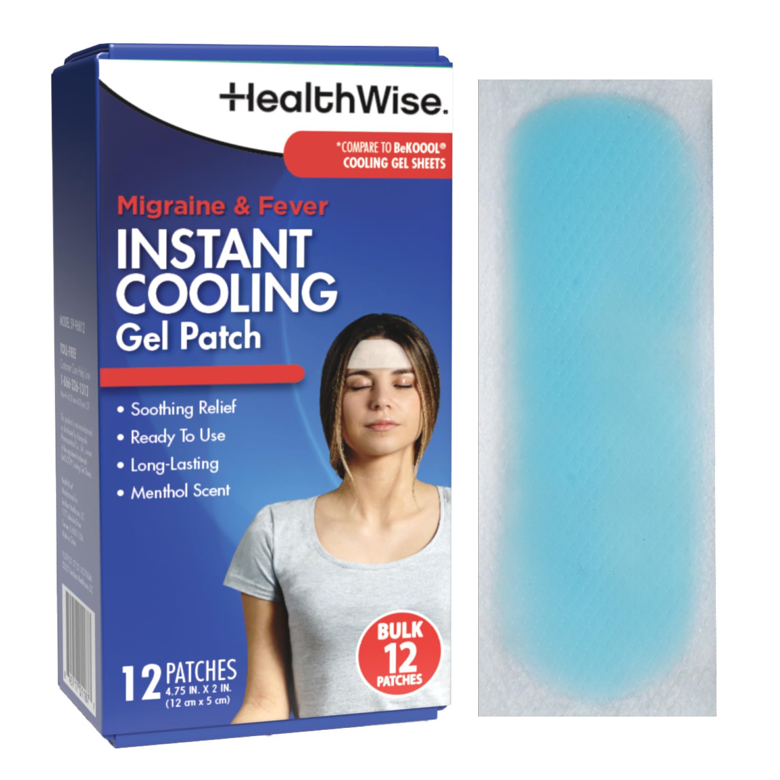 HealthWise Instant Cool Gel Patches | Migraine & Fever Relief | 12-Count | 4.75” x 2” | Soothing Menthol Vapors | Non-Medicated Formula - dailyvitalstore