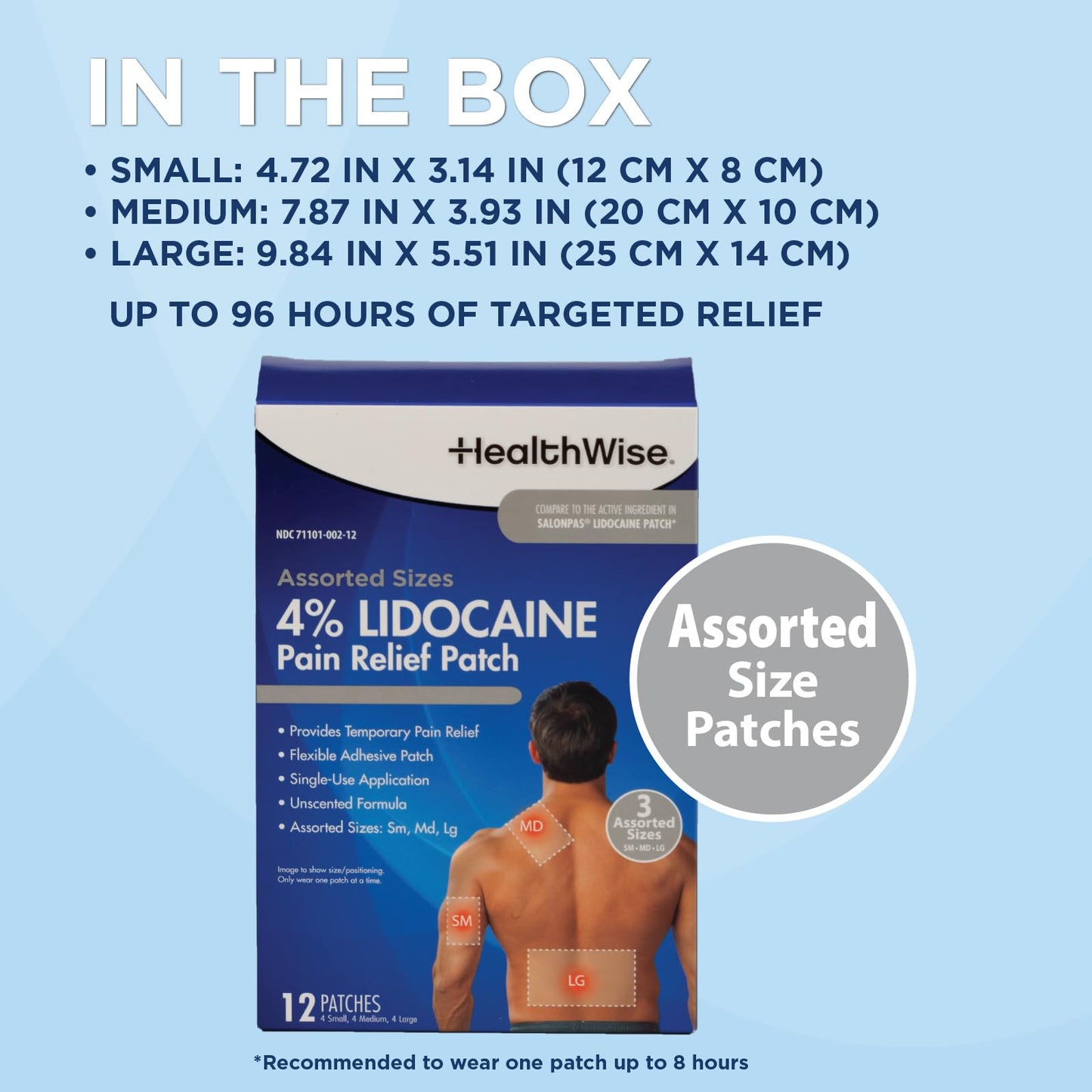 HealthWise Lidocaine Pain Patch | 4% OTC Lidocaine | 12-Count Assorted Sizes | Paraben-Free Formula | Temporarily Soothes Minor Aches and Pains | Unscented | Flexible Application - dailyvitalstore