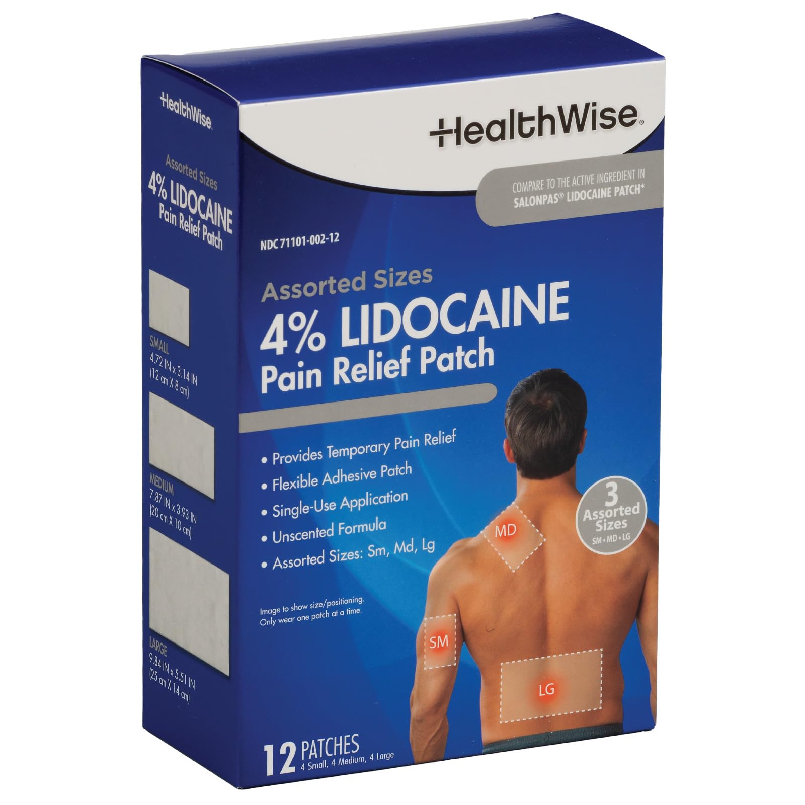 HealthWise Lidocaine Pain Patch | 4% OTC Lidocaine | 12-Count Assorted Sizes | Paraben-Free Formula | Temporarily Soothes Minor Aches and Pains | Unscented | Flexible Application - dailyvitalstore