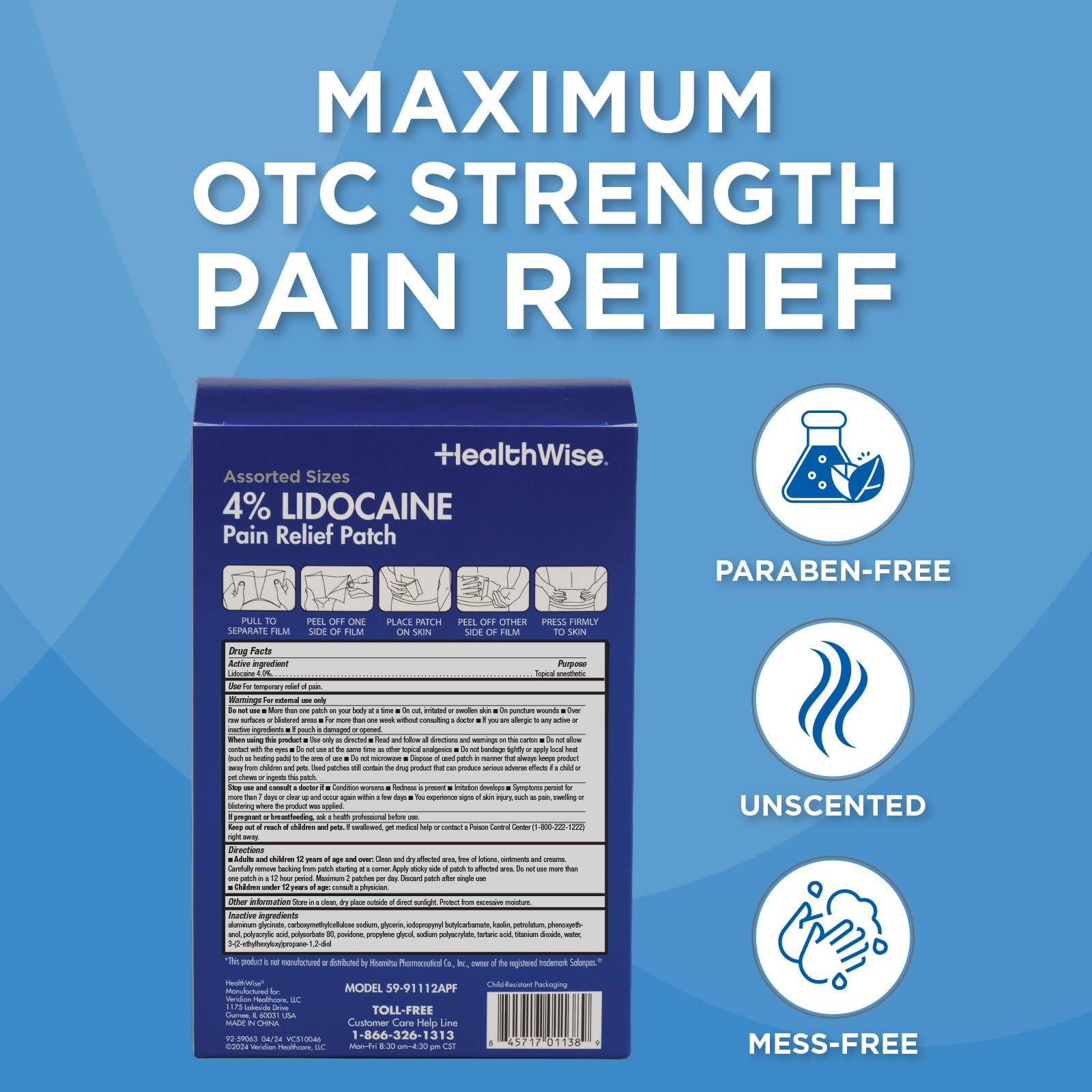 HealthWise Lidocaine Pain Patch | 4% OTC Lidocaine | 12-Count Assorted Sizes | Paraben-Free Formula | Temporarily Soothes Minor Aches and Pains | Unscented | Flexible Application - dailyvitalstore