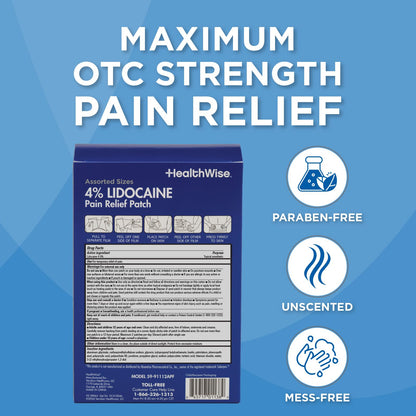HealthWise Lidocaine Pain Patch | 4% OTC Lidocaine | 12-Count Assorted Sizes | Paraben-Free Formula | Temporarily Soothes Minor Aches and Pains | Unscented | Flexible Application - dailyvitalstore