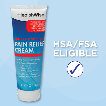 HealthWise Pain Relief Cream | Ultra OTC Strength | 4% Camphor + 10% Menthol + 30% Methly Saliclylate | Non-Greasy Formula | 4.0 Oz | Topical Analgesic - dailyvitalstore