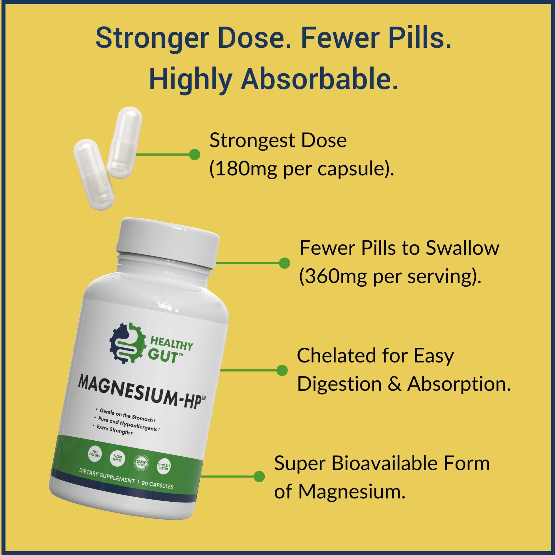 Healthy Gut Magnesium-HP | Ultra Pure Magnesium Glycinate Capsules with Zero Fillers | 180 mg Magnesium Glycinate | 90 Servings - dailyvitalstore
