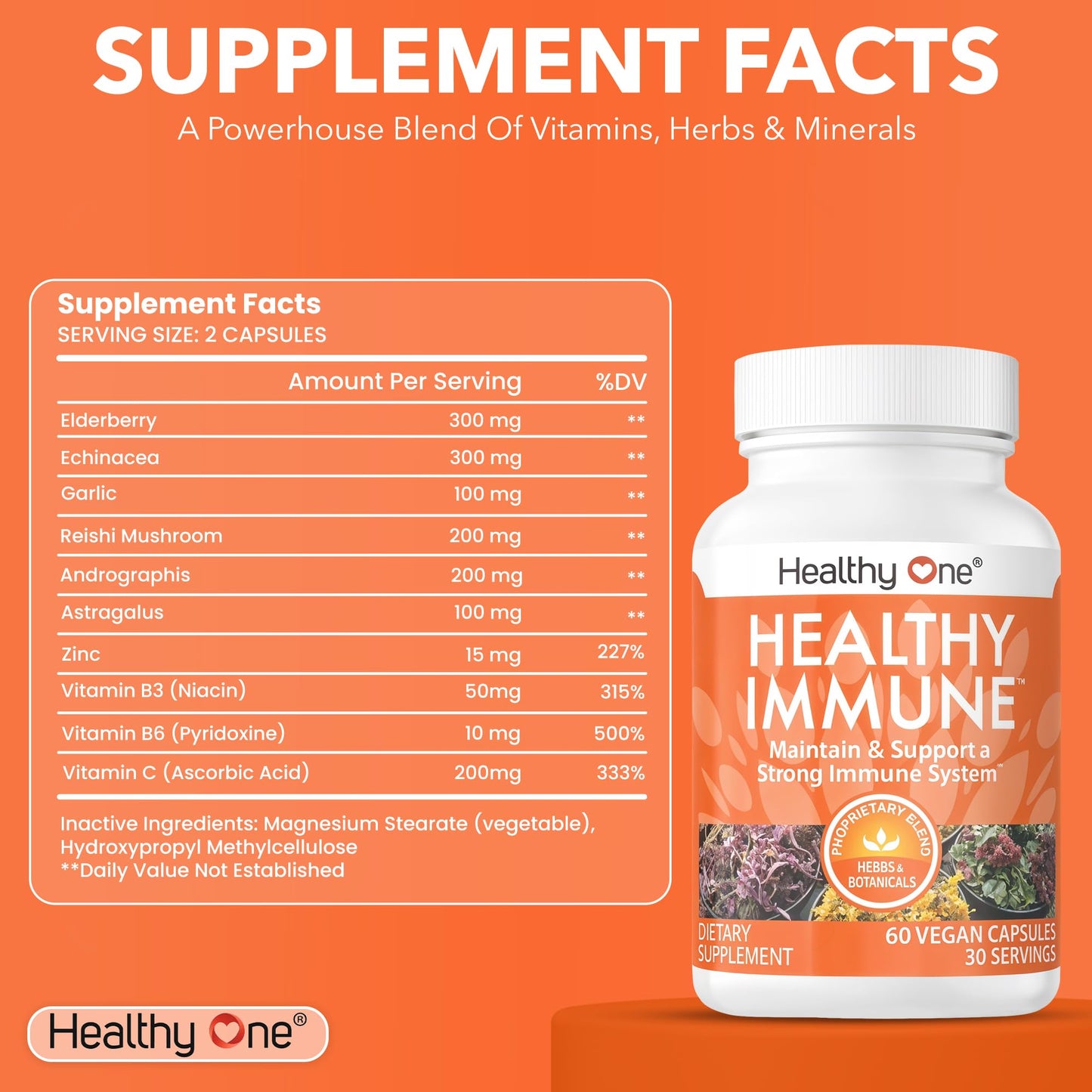 Healthy Immune - 10 in 1 Formula - Cold & Flu Virus - Sick & Illness - Covid - Elderberry - Echinacea - Vitamin C - Zinc - Garlic - Reishi - Andrographis - Astragulus - Antioxidants - Immunity - 120ct - dailyvitalstore