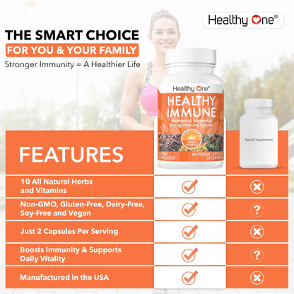 Healthy Immune - 10 in 1 Formula - Cold & Flu Virus - Sick & Illness - Covid - Elderberry - Echinacea - Vitamin C - Zinc - Garlic - Reishi - Andrographis - Astragulus - Antioxidants - Immunity - 120ct - dailyvitalstore
