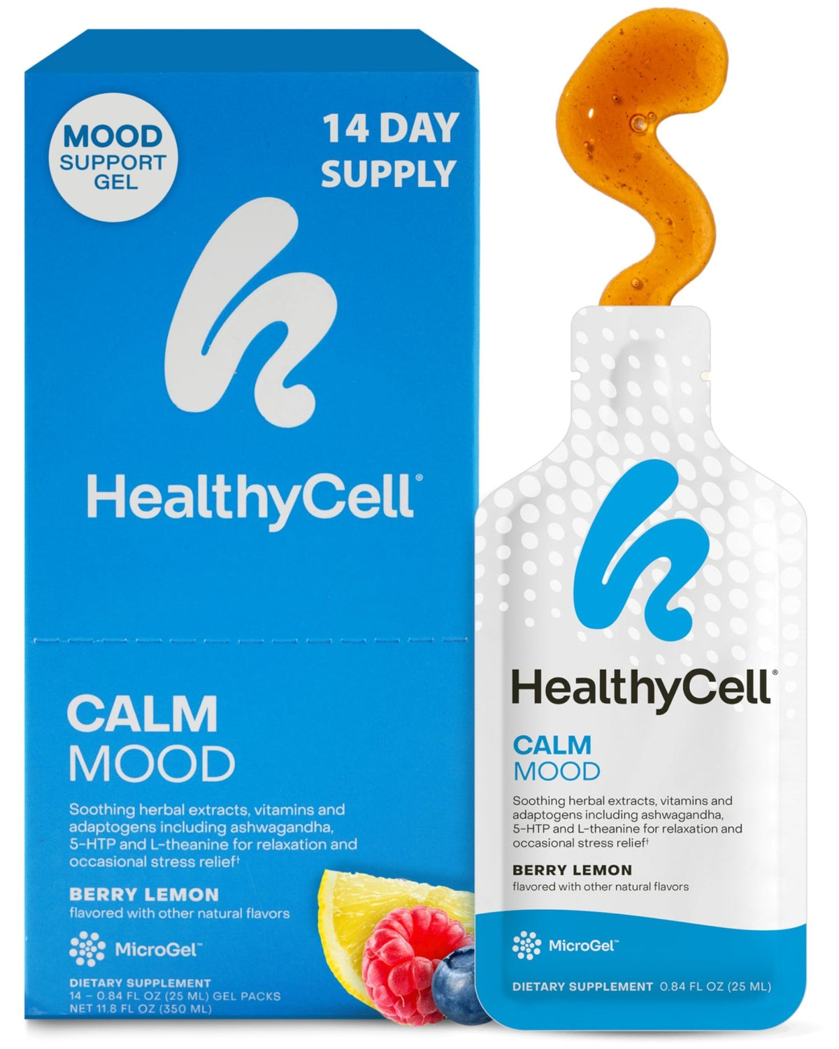Healthycell Calm Mood Daily Liquid Supplement - Cortisol Manager & Mood Support Supplement for Stress with Ashwagandha, L-Theanine, Magnesium, 5-HTP, GABA & Saffron - 14 Gel Packs - dailyvitalstore