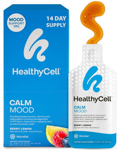 Healthycell Calm Mood Daily Liquid Supplement - Cortisol Manager & Mood Support Supplement for Stress with Ashwagandha, L-Theanine, Magnesium, 5-HTP, GABA & Saffron - 14 Gel Packs - dailyvitalstore