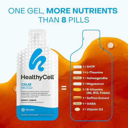 Healthycell Calm Mood Daily Liquid Supplement - Cortisol Manager & Mood Support Supplement for Stress with Ashwagandha, L-Theanine, Magnesium, 5-HTP, GABA & Saffron - 14 Gel Packs - dailyvitalstore