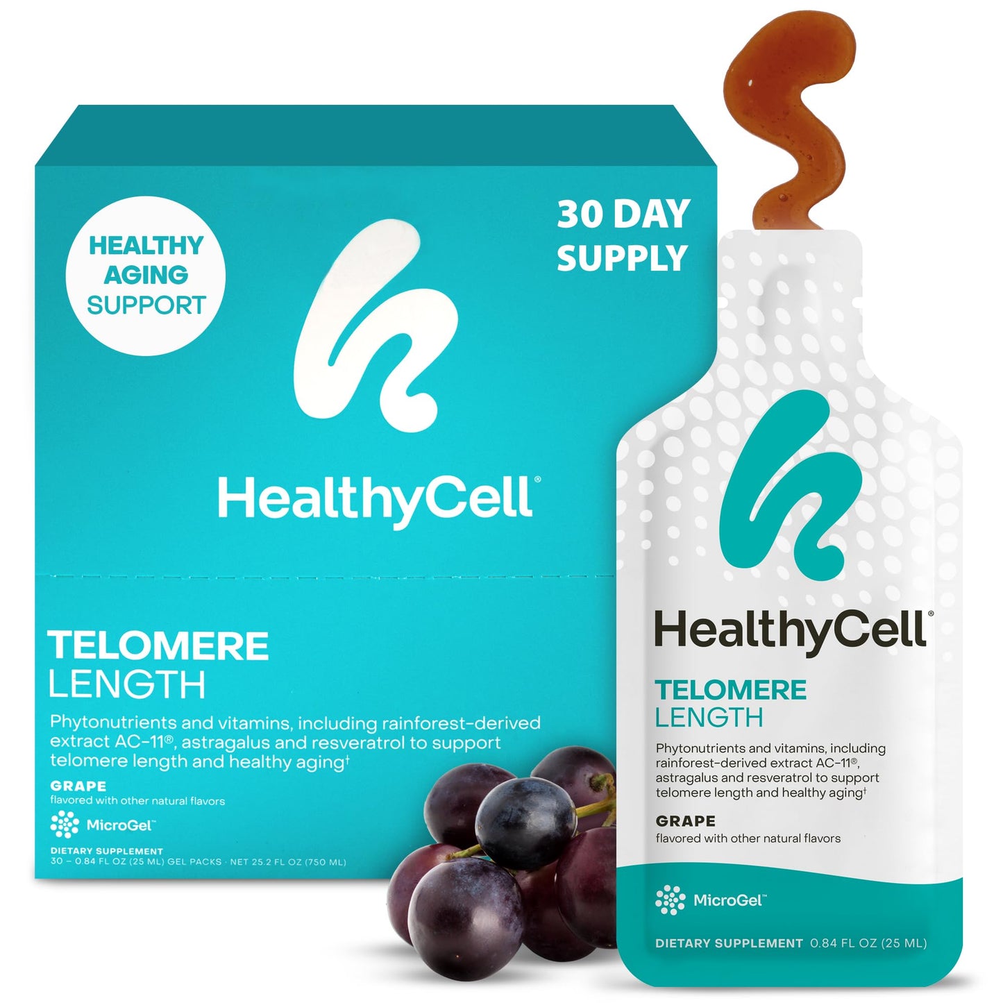HealthyCell Telomere Length Supplement - Anti-Aging Telomere Lengthening Supplements with Phytonutrients & Vitamins for Cellular Health - AC-11, Astragalus & Resveratrol - 30 Gel Packs, Grape Flavored - dailyvitalstore