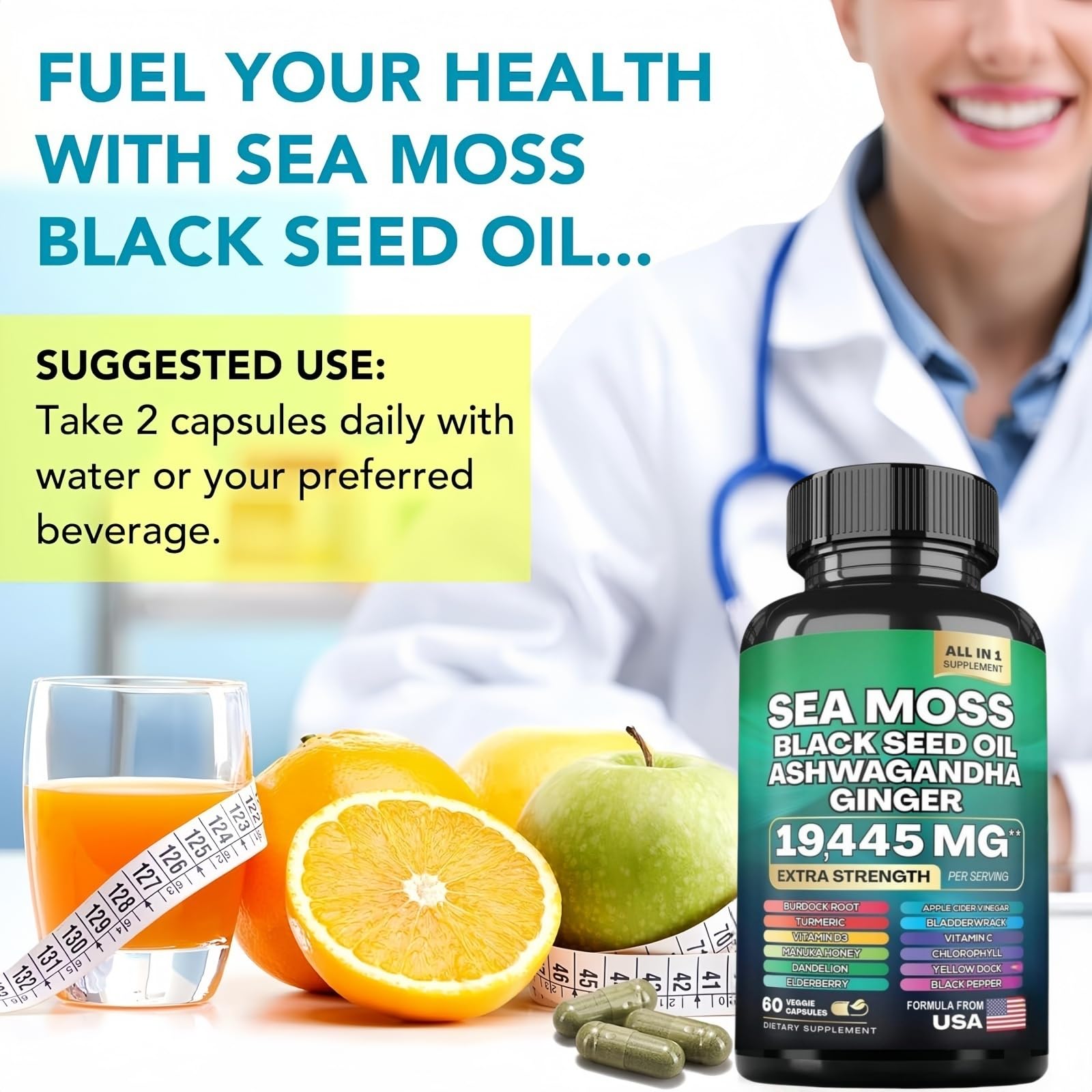 HealthyFinds Sea Moss Black Seed Oil Ashwagandha Ginger Capsules with Turmeric Bladderwrack Burdock & Vitamin C Vitamin D3 with Elderberry Manuka Dandelion Yellow Dock Iodine Chlorophyll ACV - dailyvitalstore