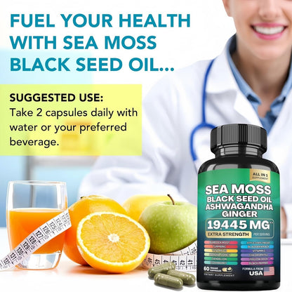 HealthyFinds Sea Moss Black Seed Oil Ashwagandha Ginger Capsules with Turmeric Bladderwrack Burdock & Vitamin C Vitamin D3 with Elderberry Manuka Dandelion Yellow Dock Iodine Chlorophyll ACV - dailyvitalstore