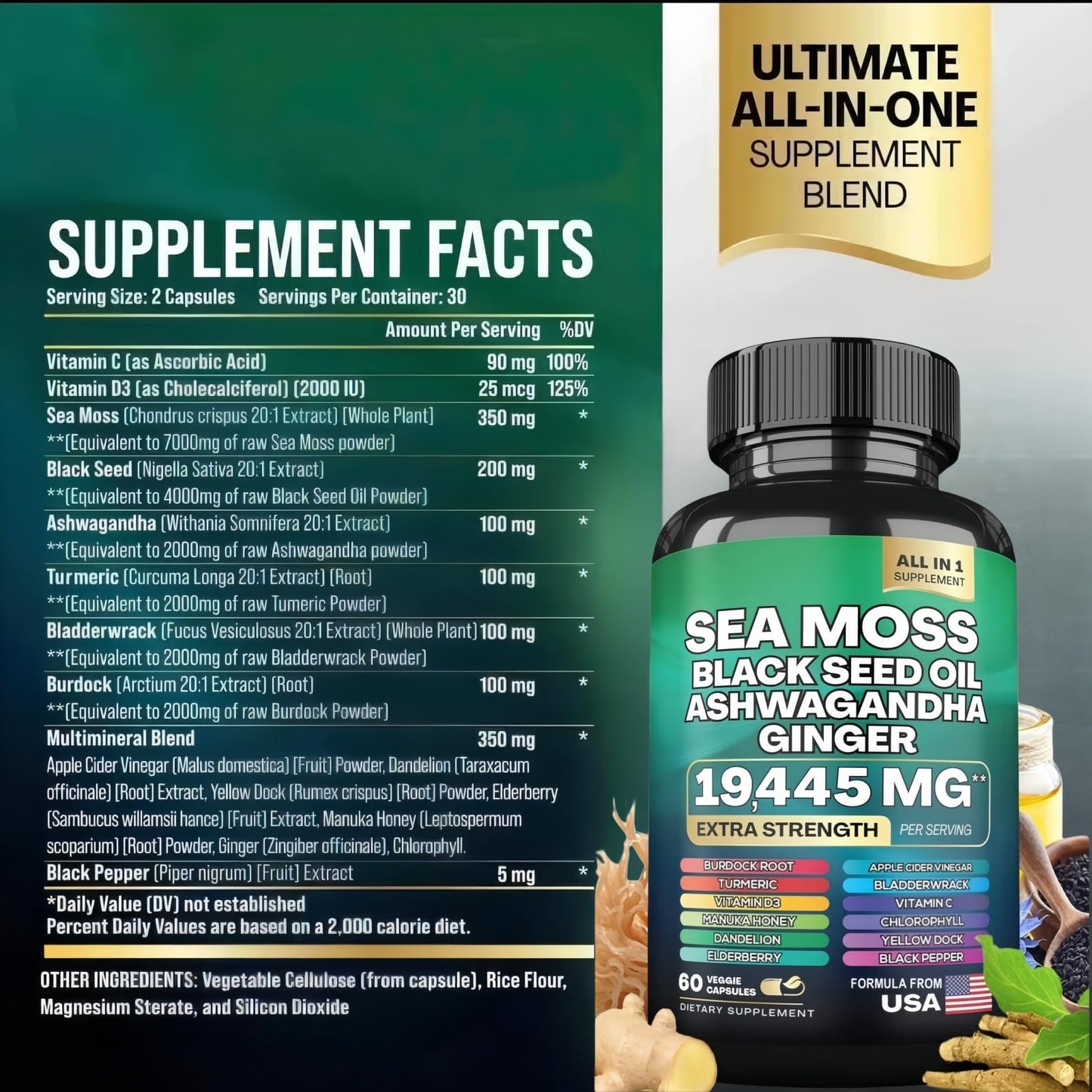 HealthyFinds Sea Moss Black Seed Oil Ashwagandha Ginger Capsules with Turmeric Bladderwrack Burdock & Vitamin C Vitamin D3 with Elderberry Manuka Dandelion Yellow Dock Iodine Chlorophyll ACV - dailyvitalstore