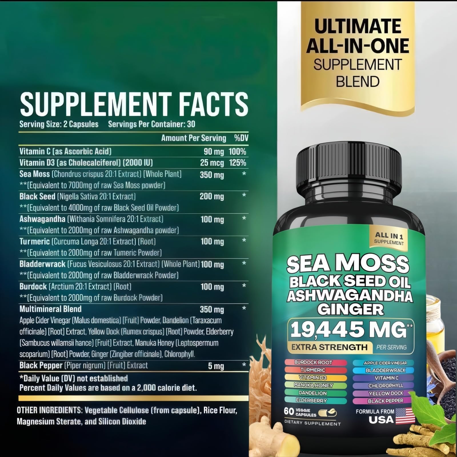 HealthyFinds Sea Moss Black Seed Oil Ashwagandha Ginger Capsules with Turmeric Bladderwrack Burdock & Vitamin C Vitamin D3 with Elderberry Manuka Dandelion Yellow Dock Iodine Chlorophyll ACV - dailyvitalstore